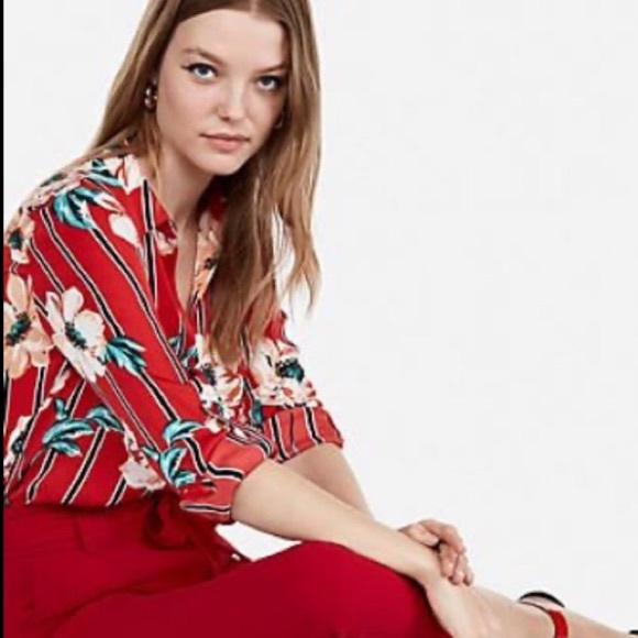 Express Tops - Express The City Shirt Red Floral Stripe Print